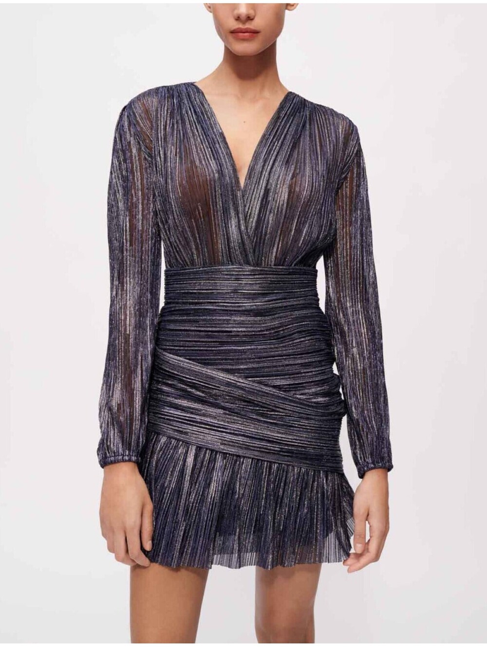 Maje Runny Draped Metallic Lurex Pleated V-Neck Mini Dress Navy‎ Size 38 / US M